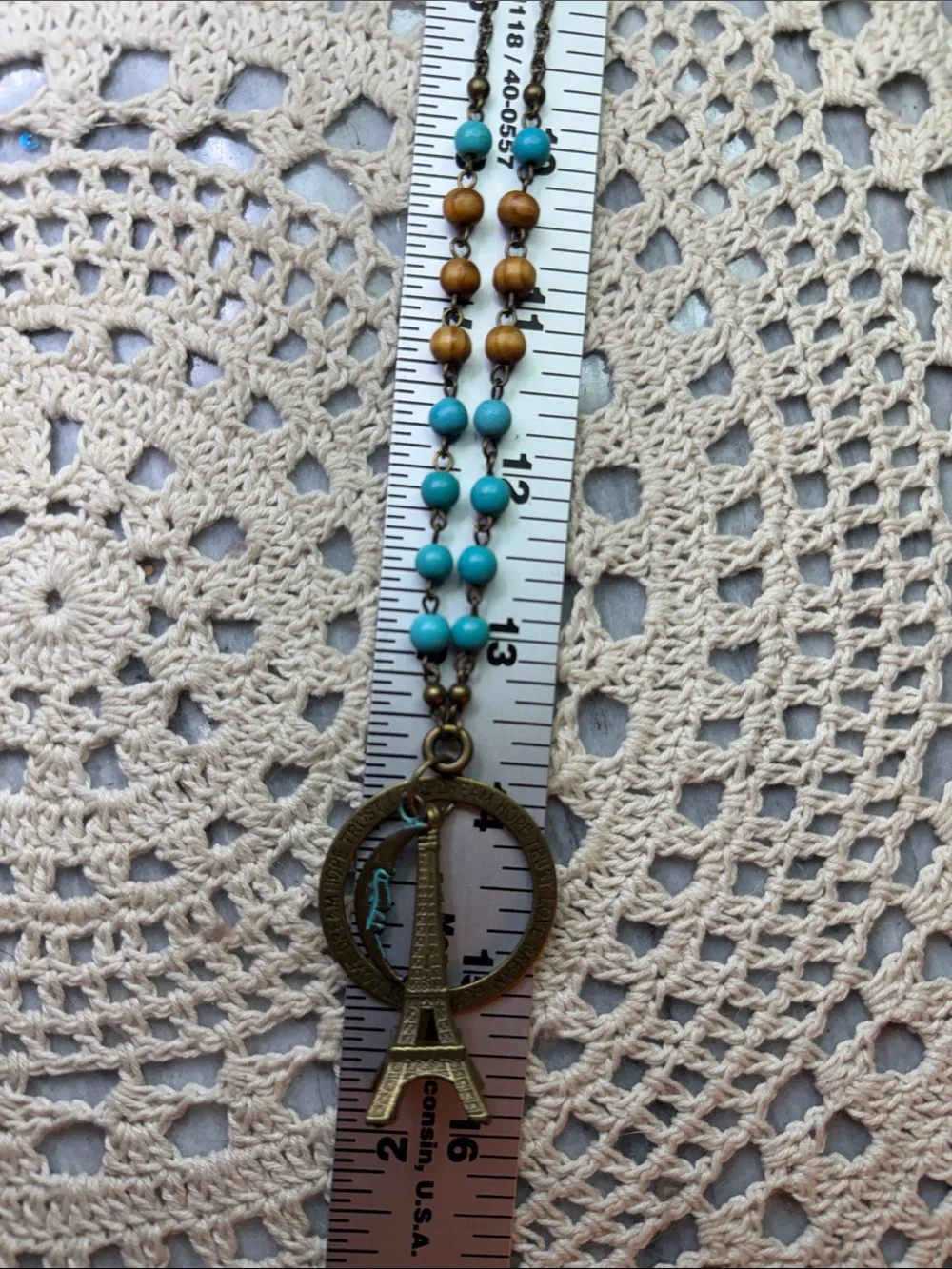 Turquoise and Wood Bead Eiffel Tower Pendant Necklace - Unbranded